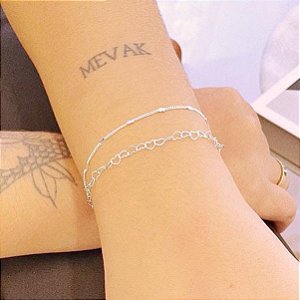 Pulseira Dupla Fio Coração Vazado e Fio Coração Chapinha Folheado a prata 925