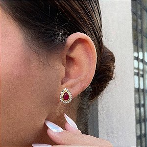 Brinco Gota Zirconia Vermelho Borda Cristal Folheado a Ouro 18k