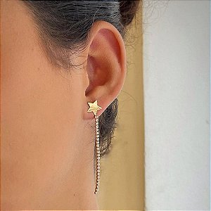 Brinco Estrela Lisa e Fio Zircônias Folheado a ouro 18K