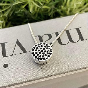 Colar Chuveiro Cravejado com Zirconias Pretas e Borda Trabalhada Folheado a Prata 925