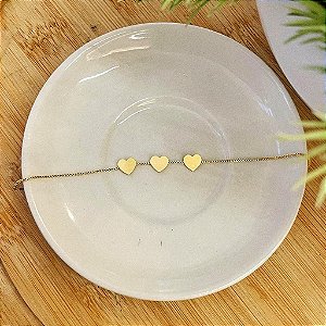 Pulseira Veneziana com 3 Corações Chapinha Folheado a ouro 18K
