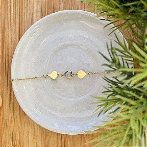 Tornozeleira Correntinha Corações Chapa e Cristal Folheado a ouro 18K