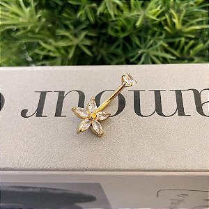 Piercing Umbigo Flor Zirconias Navetes Folheado a ouro 18K