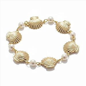 Pulseira Conchas e Pérolas Folheada a Ouro 18k