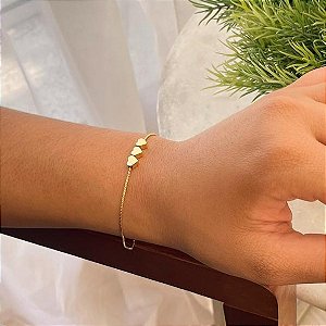 Pulseira Veneziana 3 Corações Passantes Folheado a ouro 18K