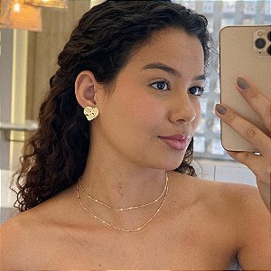 Colar Duplo Coração Chapinhas Marcadas Folheado a ouro 18K