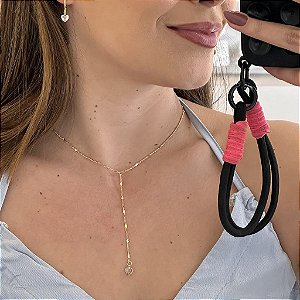 Gravatinha Corrente Corações Chapa e Pingente Coração Cristal Folheado a ouro 18K