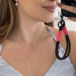 Gravatinha Corrente Corações Chapa e Pingente Coração Cristal Folheado a ouro 18K