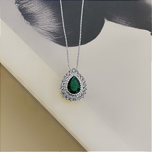 Colar Gota Zirconia Verde Borda Cristal Steel