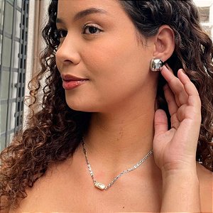 Colar Elos Trabalhados Pérola Retangular Orgânica Steel