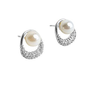 Brinco Triangulo Arredondado Base Cravejada e Pérola Central Steel