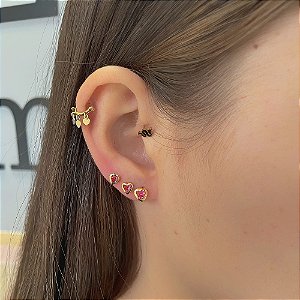 Triozinho Coração Rosa Borda Folheado a ouro 18K