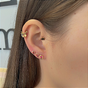 Triozinho Coração Rosa Borda Folheado a ouro 18K