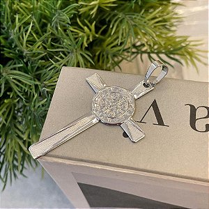 Pingente Cruz com Metalha São Bento Steel