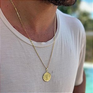 Pingente São Bento Medalha Redonda 25mm Folheado a ouro 18K
