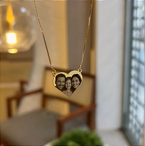 Colar Fotogravação Coração Chapa Veneziano Folheado a Ouro 18k