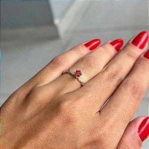 Anel Aparador Navetes e Zircônia Vermelho Folheado a ouro 18K