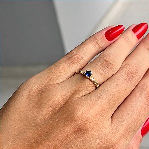 Anel Aparador Navetes e Zircônia Azul Folheado a ouro 18K