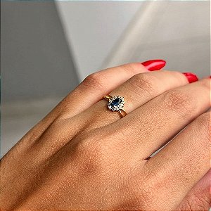Anel Navete Azul Borda Cravejada Aro Trançado Folheado a ouro 18K