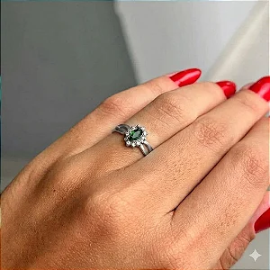 Anel Navete Verde Borda Cravejada Aro Trançado Steel