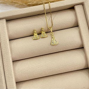 Colar Nossa Senhora Zircônias Cristal Folheado a Ouro 18K