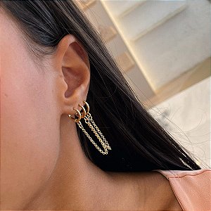 Brinco Earchain Elo Português Três Furos Folheado a Ouro 18K