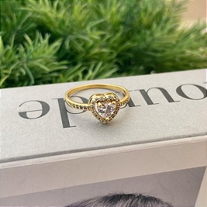 Anel Meia Aliança Zircônia Coração Cristal Borda Cravejada