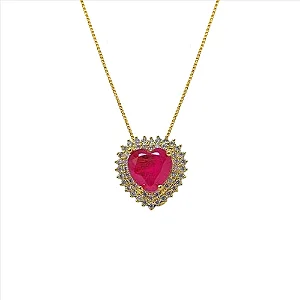 Colar Coração Rosa com Borda Cravejada