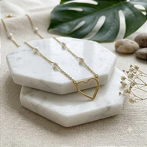 CHOKER CORACAO VAZADO ELO PORTUGUES PEROLAS