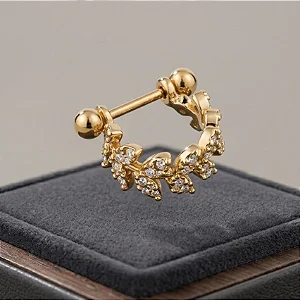 Piercing 2 em 1 Meia Argola Folhagem Cravejada Hélix
