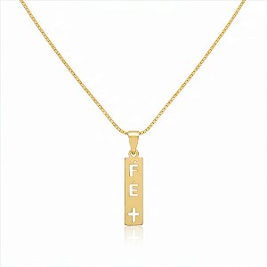Colar Placa Retangular Fé e Cruz Vazada
