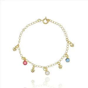 Pulseira Infantil Zircônias Coloridas e Coraçõs Chapa Pendurados
