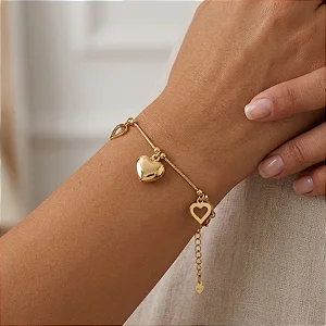 Pulseira Rabo de Rato Pingetes Corações Vazados e Coração Abaulado