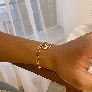 Pulseira Elo Losango Trabalhado Pingente Coração Espírito Santo