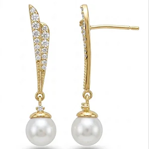 Brinco Pendente Fio Duplo Cravejado e Pérola na Ponta