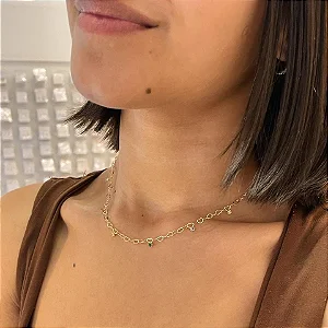 Colar Choker Corrente Coração Vazado Pingentes de Ponto de Luz Coloridos Soldados