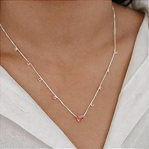 Colar Pontos de Luz e Pingente de Coração na Zircônia Rosa