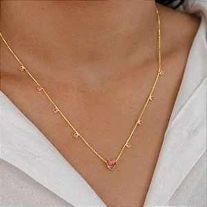 Colar Pontos de Luz e Pingente de Coração na Zircônia Rosa