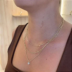 Colar Triplo Coração vazado, Coração Chapinha e Veneziano com Pingente de Coração Cristal