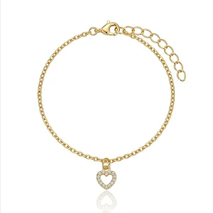 Pulseira Correntinha Pingente Coração Vazado Cravejado