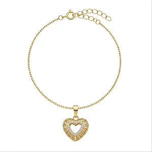 Pulseira Correntinha Coração Vazado Rendado 3D Borda Cravejada