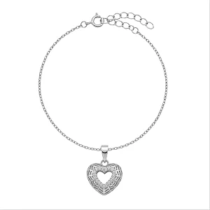 Pulseira Correntinha Coração Vazado Rendado 3D Borda Cravejada
