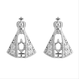 Brinco de Nossa Senhora Cravejado com 4 Zirconias Cristal