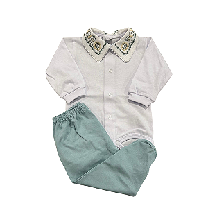 Conjunto Body Gola Bordada e Mijão Safari