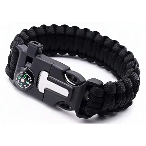 Pulseira Paracord Preta Bússula Faca Apito Pederneira Militar