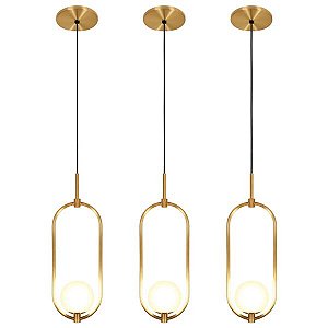 Kit 3 Luminárias Lustre Arco Dourado Globo Cama Quarto 43cm