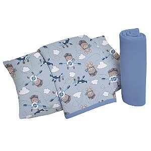 Jogo de Cama Berço 3pçs Malha 100% Algodão - Avião