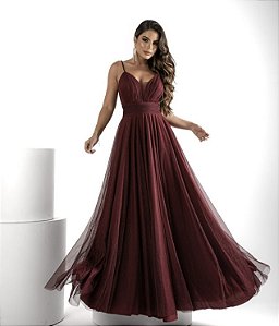 Vestido Longo Marsala em Tule com Alças Finas