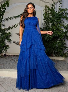 Vestido Longo Azul Royal com Camadas e Brilho
