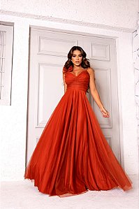 Vestido Longo Terracota Tule com Decote Drapeado
